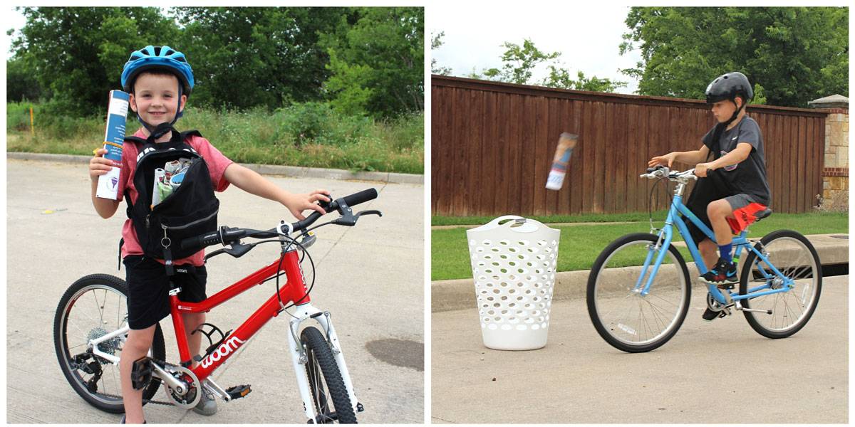 6-year-old and 8-year-old playing Paper Boy on bikes for a bike rodeo