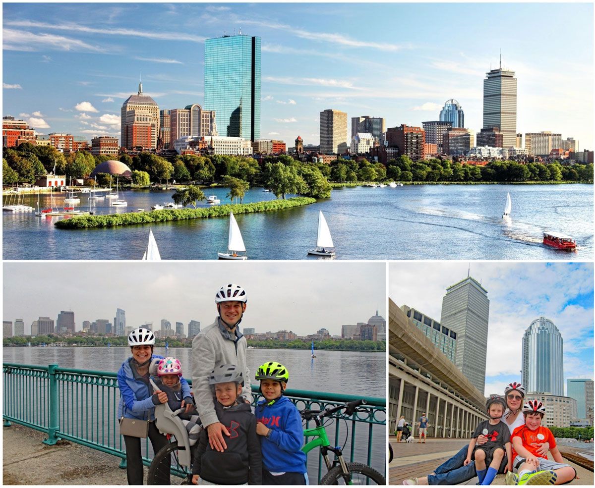 Family on bike tour in boston. Stopped to take pics on waterfront boardwalk