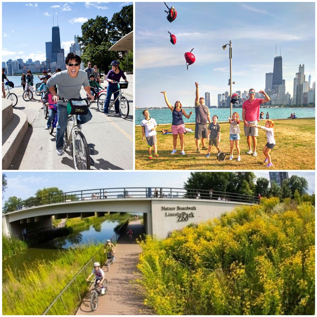 Bobby's Tike Hike Bike Tour in Chicago. Family riding along lakeside trail with Chicago skyline in the background, kids riding on trail in Lincoln Park