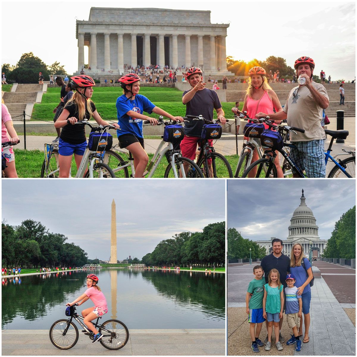 Family taking a bike tour through DC, in front of Washington National Monument, the Lincoln Memorial and the Capitol Building