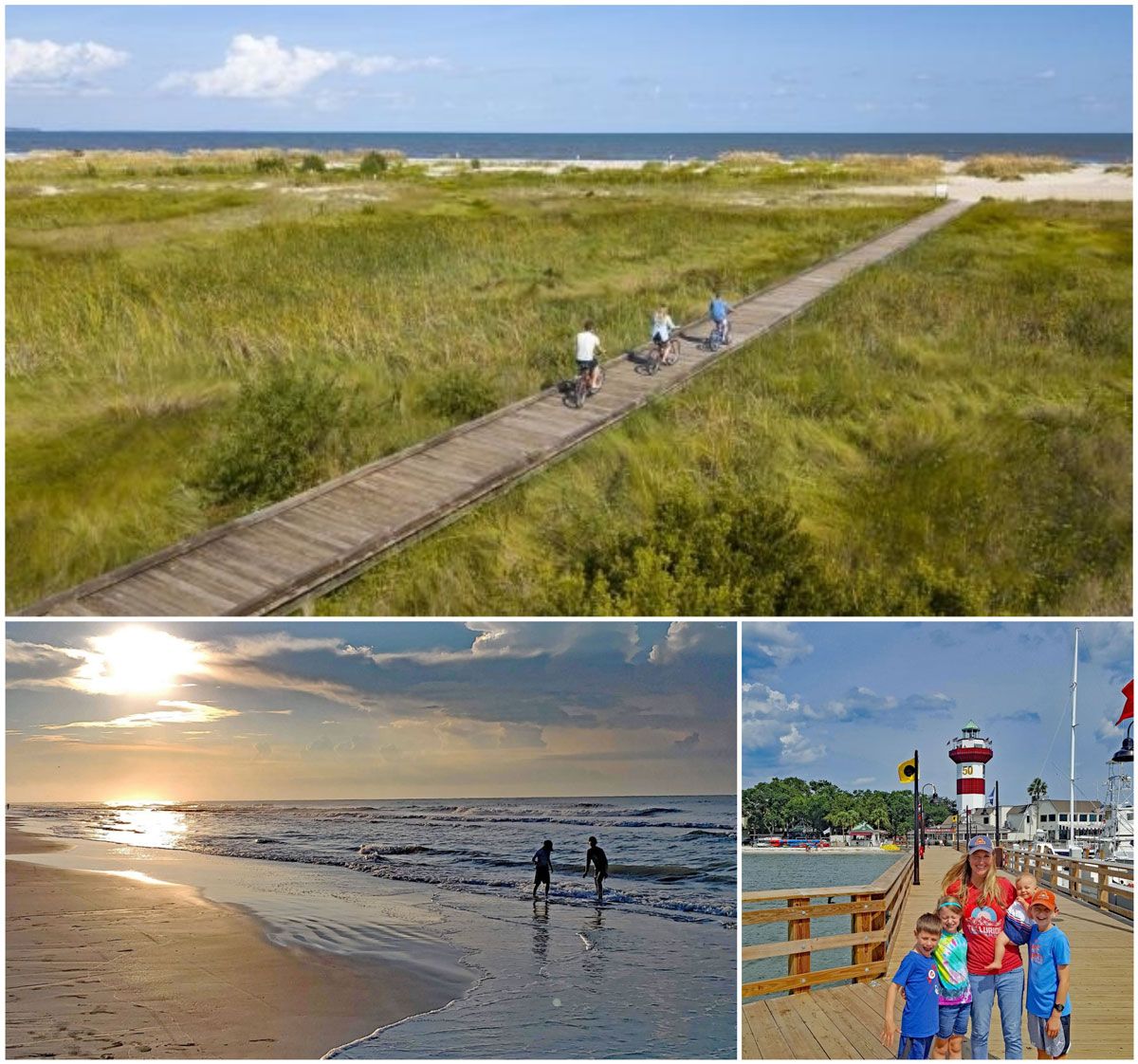 Hilton Head - family riding on wood path to beach, two young boys playing in water at sunrise, family on pier in Hilton Head with famous lighthouse in background
