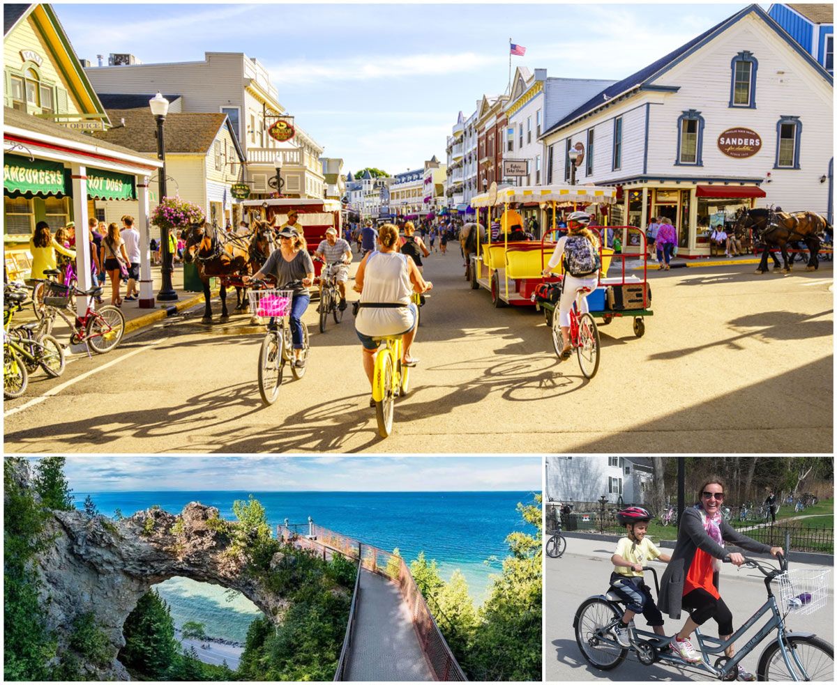 Mackinac island main street and view of lake from bridge. Woman riding a bicycle with her son on a bike tour.