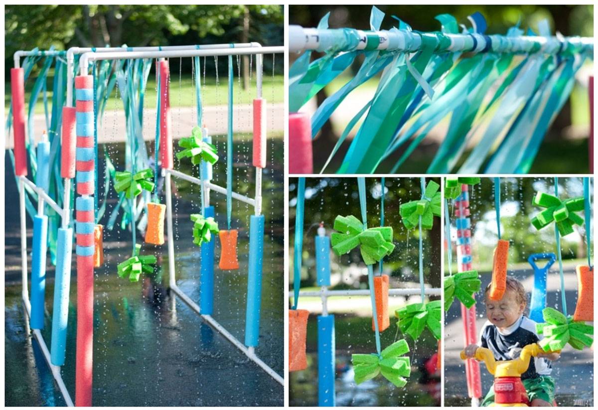 Kids riding tricycles through a DIY bike wash