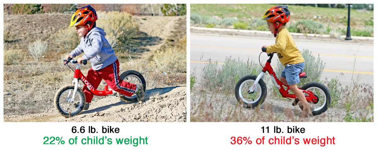 Child riding two balance bikes. One is only 6.6 lbs and is 22% of his weight. The other is 11 lbs and is 36% of his weight