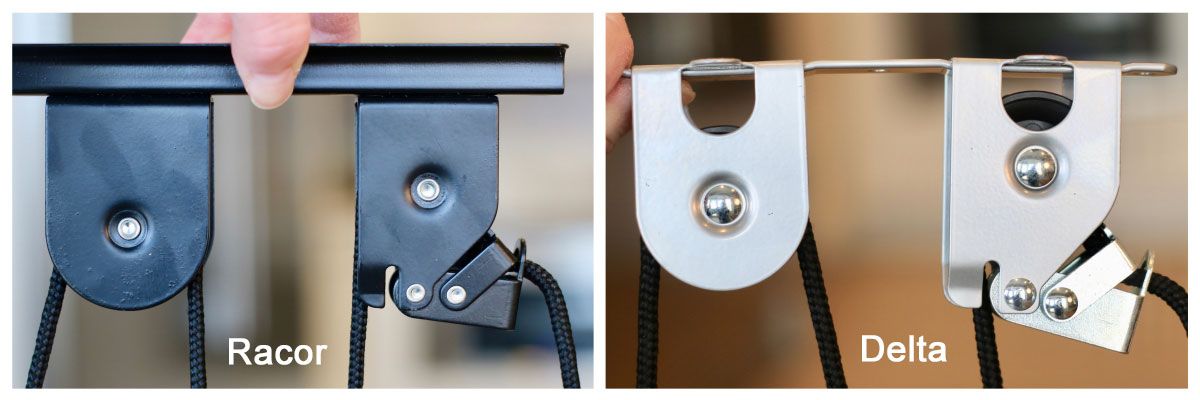 Upclose shot of Racor and Delta ceiling bike hoist pulley systems
