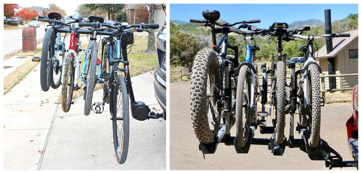 Bike spacing on Thule's hanging rack vs platform rack. The platform rack has a few extra inches of space between them.