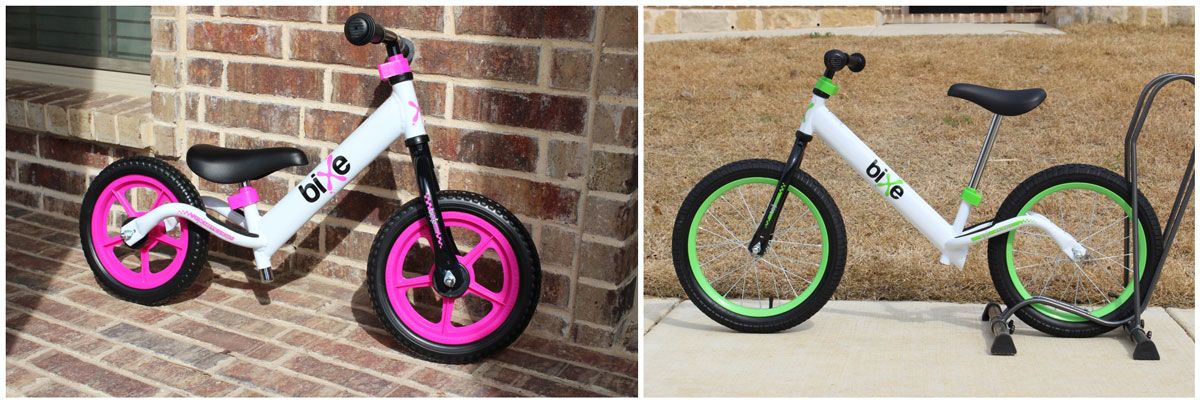 Bixe 12 inch balance bike in pink and Bixe 16 inch balance bike in green