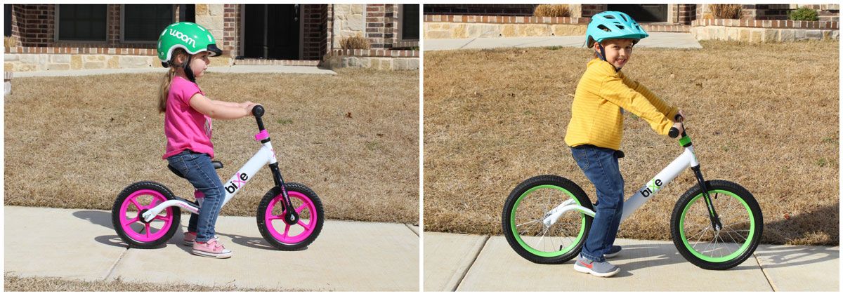 Side shot to show size comparison between Bixe 12 and Bixe 16 balance bikes