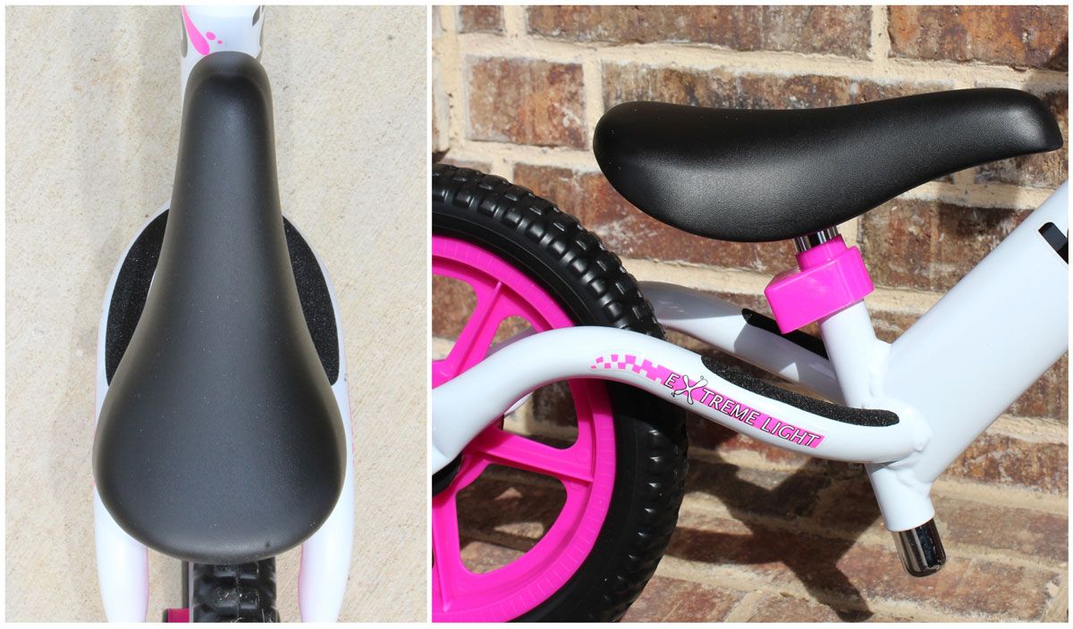 overhead and side shot of footrest on Bixe balance bike, showing that it's tucked away so it doesn't interfere with a child's stride