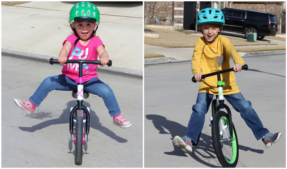 Girl riding 12 inch Bixe balance bike and boy riding Bixe 16 inch balance bike - both gliding and grinning