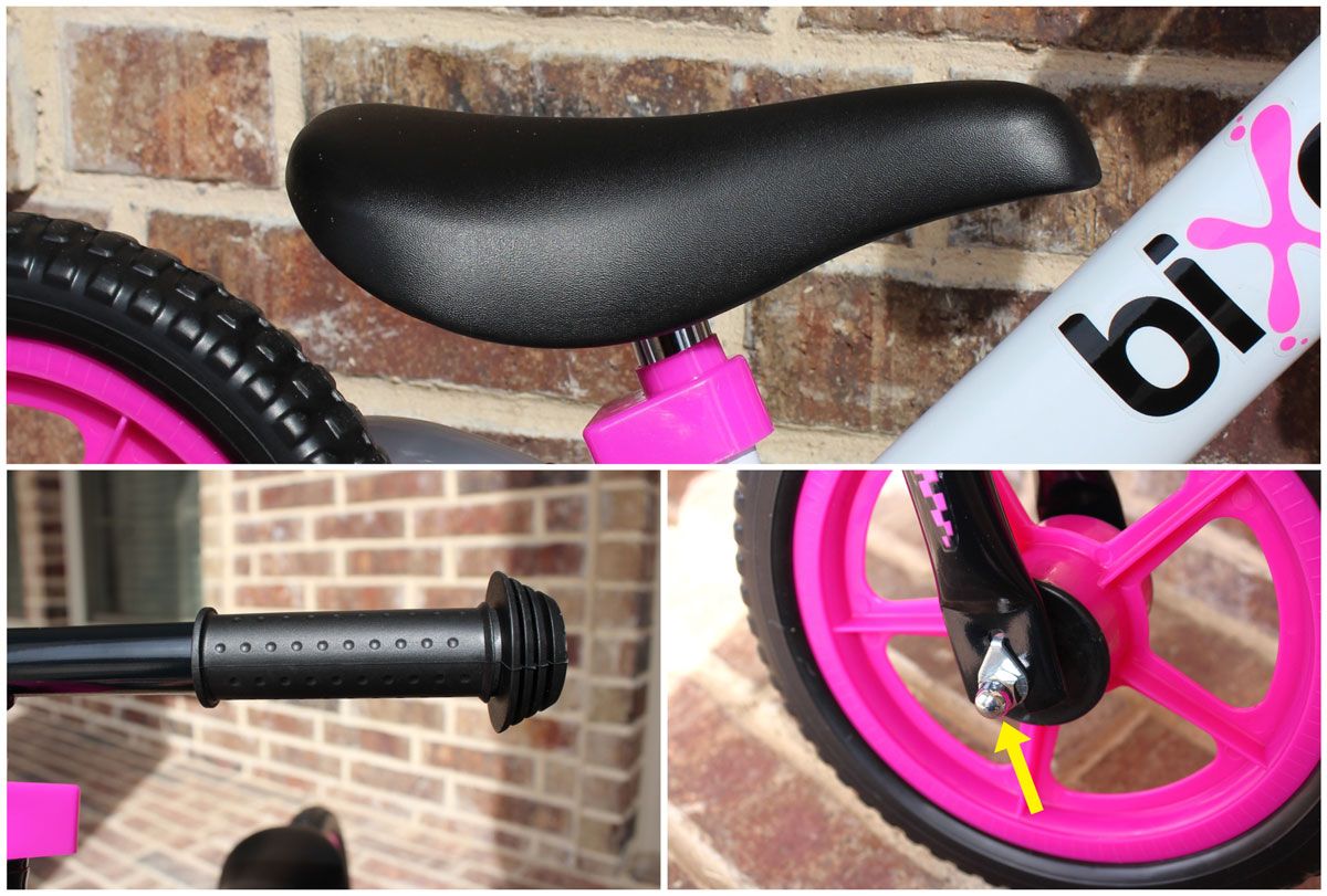collage of saddle, handlebar grip, and rounded bolt on Bixe balance bike