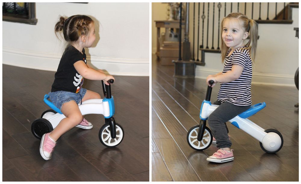 2.5-year-old girl riding on Chillafish Bunzi in ride-on toy mode, and then in balance bike mode.