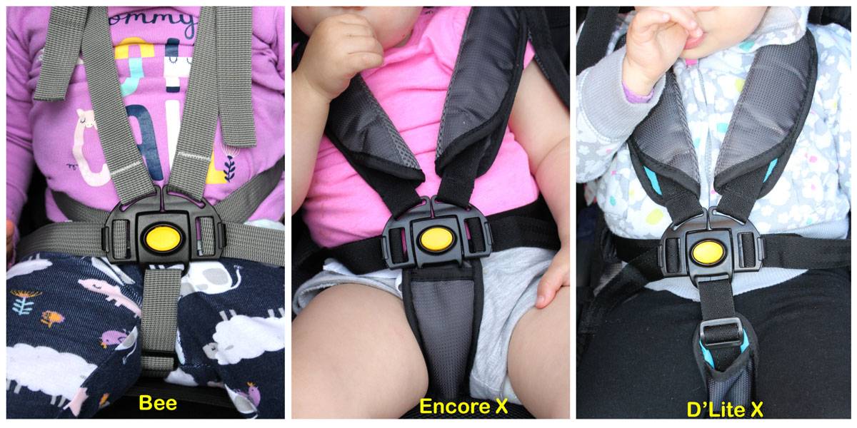 Side by side comparison of harness and buckles on Burley Bee, Burley Encore X, and Burley D'Lite X bike trailers