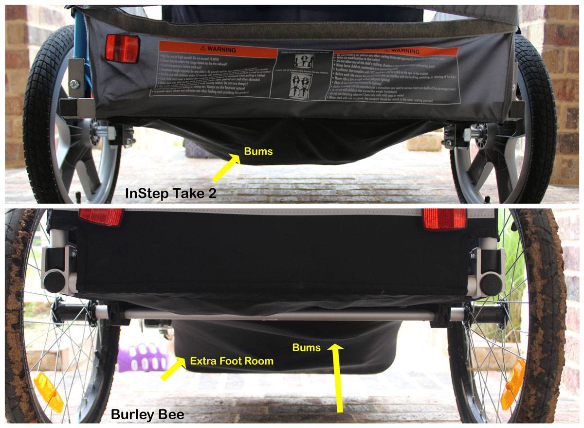 Kids' bums sag drastically beneath the InStep Take 2 trailer, but only slightly under the Burley Bee.