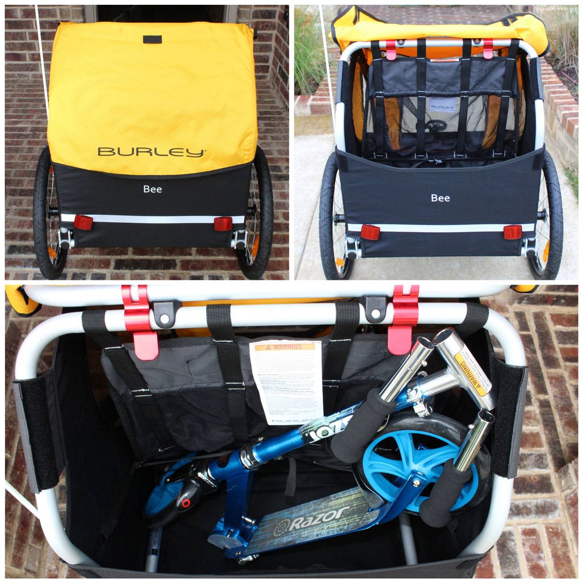 Burley Bee's large rear storage space can easily fit a Razor A5 scooter inside