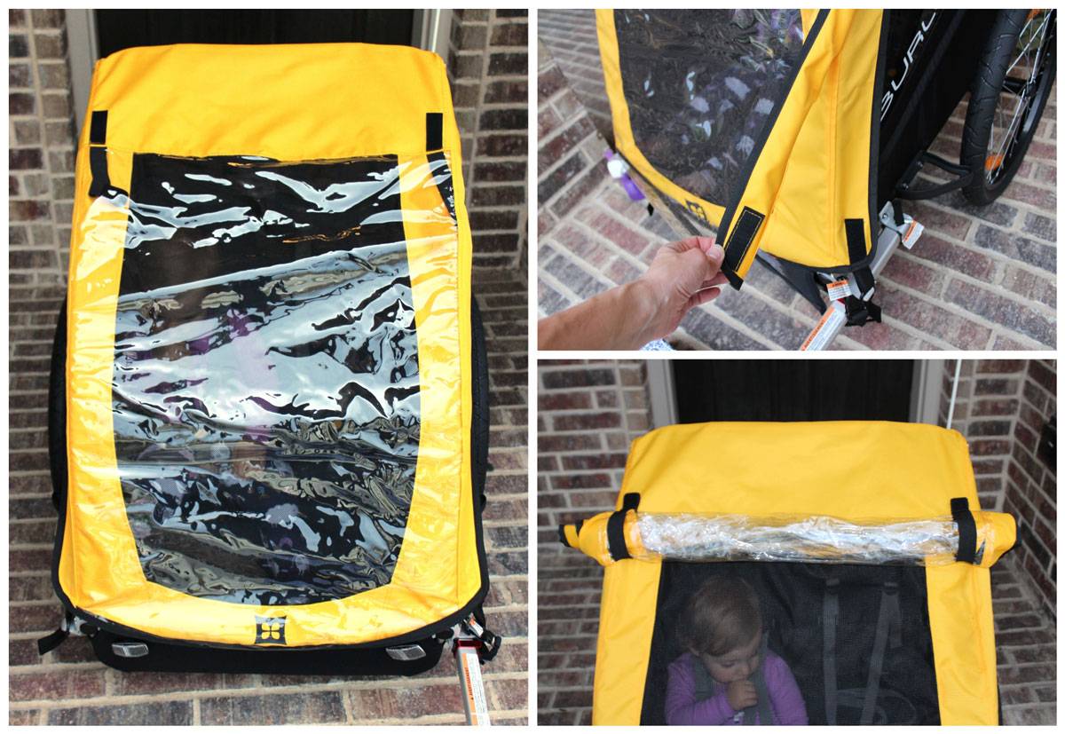 Burley Bee all-weather cover velcros in place while in use, and rolls up when not in use