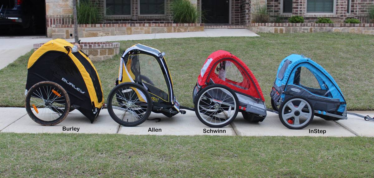 Side by side comparison of Burley Bee, Allen S2, Schwinn Trailblazer, and Instep Take 2