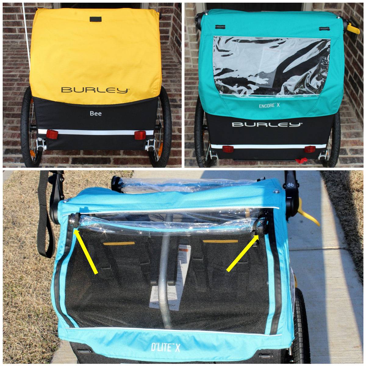Rear shot of bike trailers shows that the Burley Bee has no rear ventilation, the Burley Bee has a covered window, and the Burley D'Lite X has a covered window that can roll up
