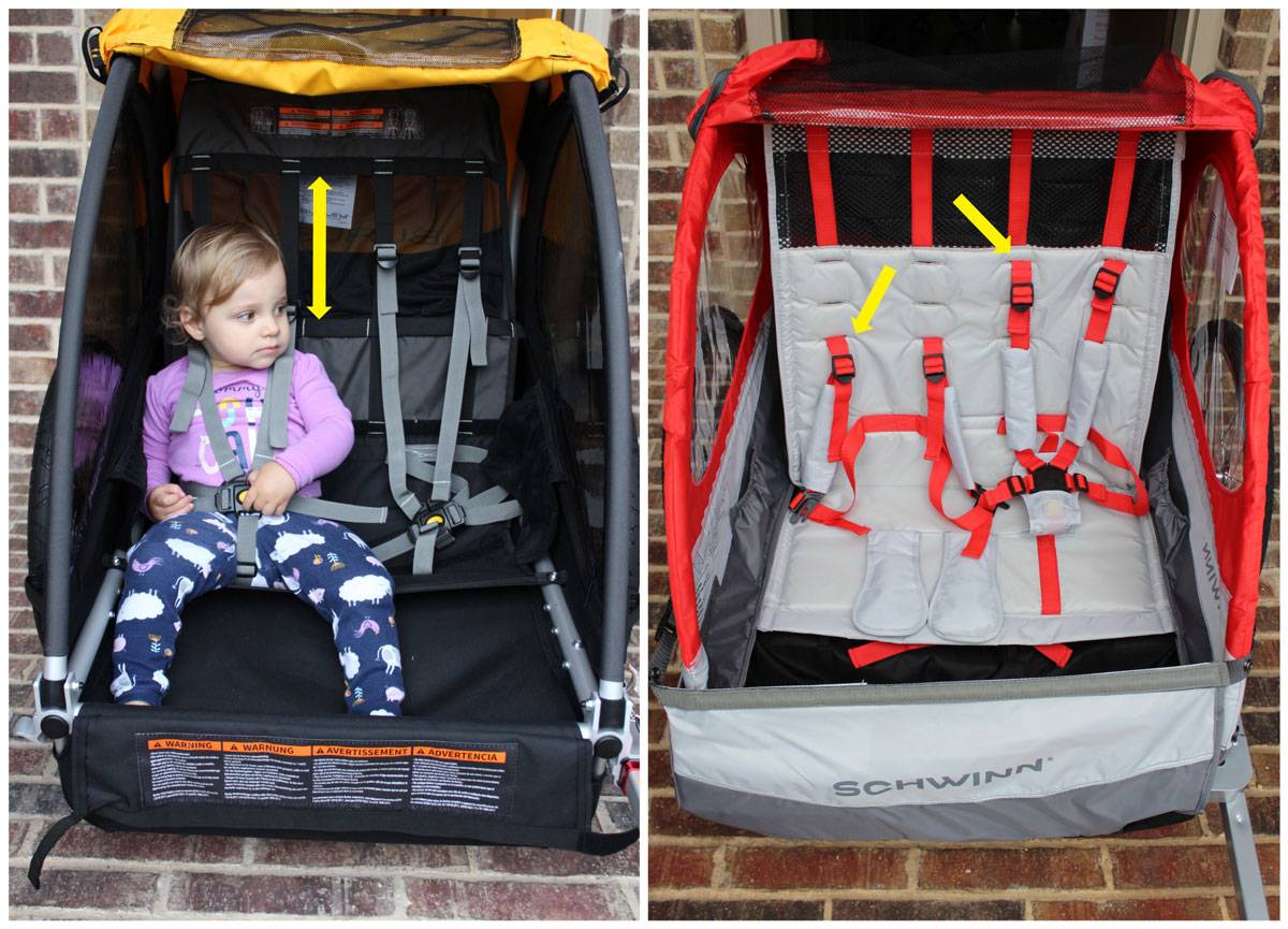 Shoulder harness height on Burley Bee is continuously adjustable while the Schwinn trailers have 3 different settings