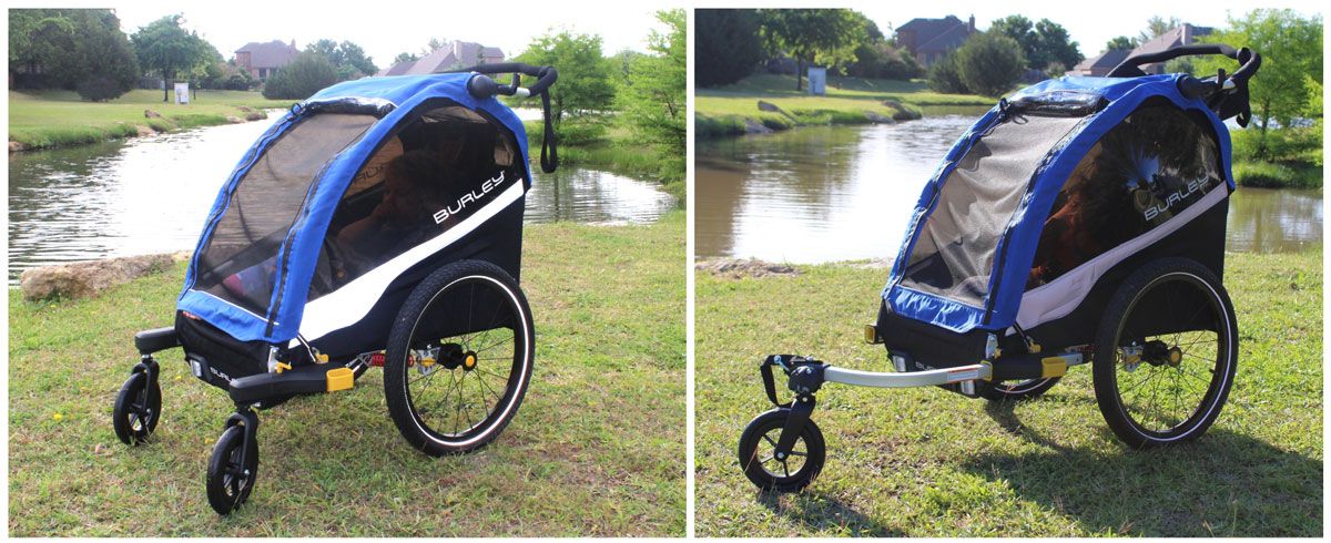 Side by side comparison of the Burley D'Lite in 2-wheel stroller mode and single-wheel stroller mode