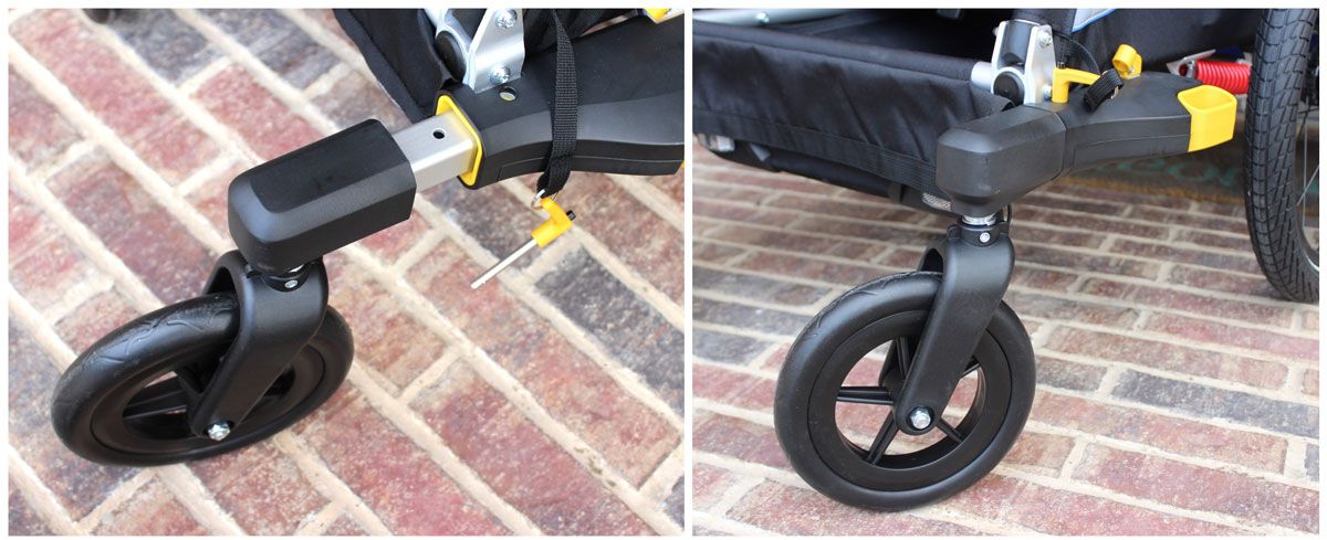 Burley D'Lite double stroller wheel being inserted into quick receiver