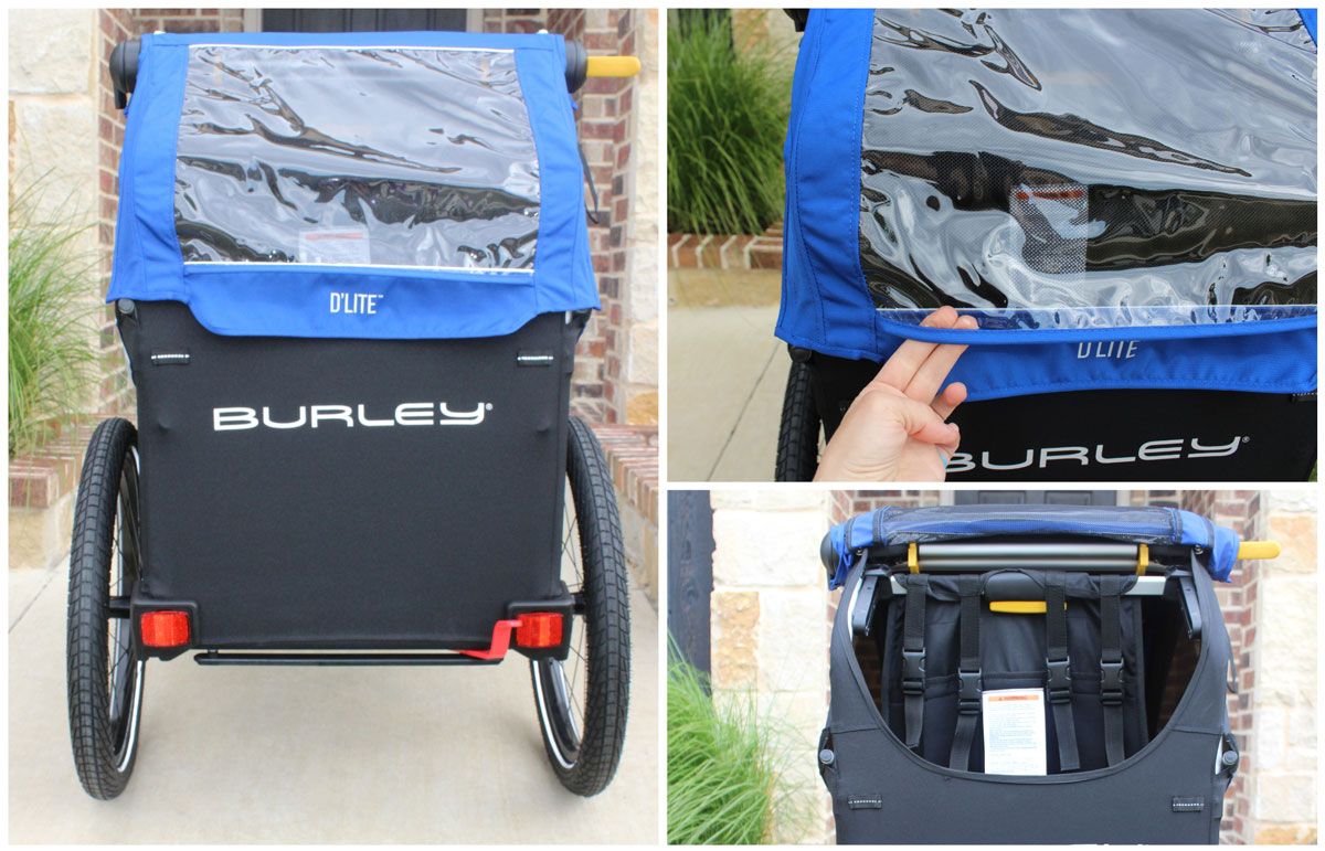 Rear of Burley D'Lite trailer showing viewing window and the cover lifted up