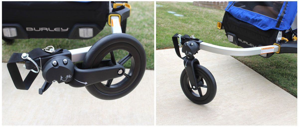 Burley DLite single stroller wheel folded up for trailer use, and down for stroller use