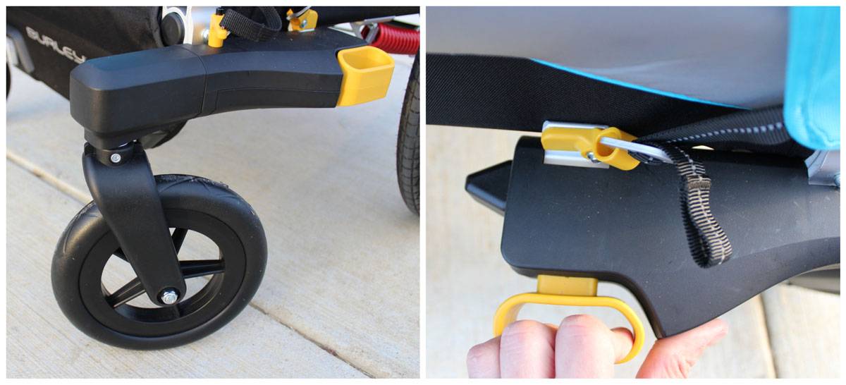 Burley D'Lite X Stroller wheel and woman pulling quick release to remove wheel