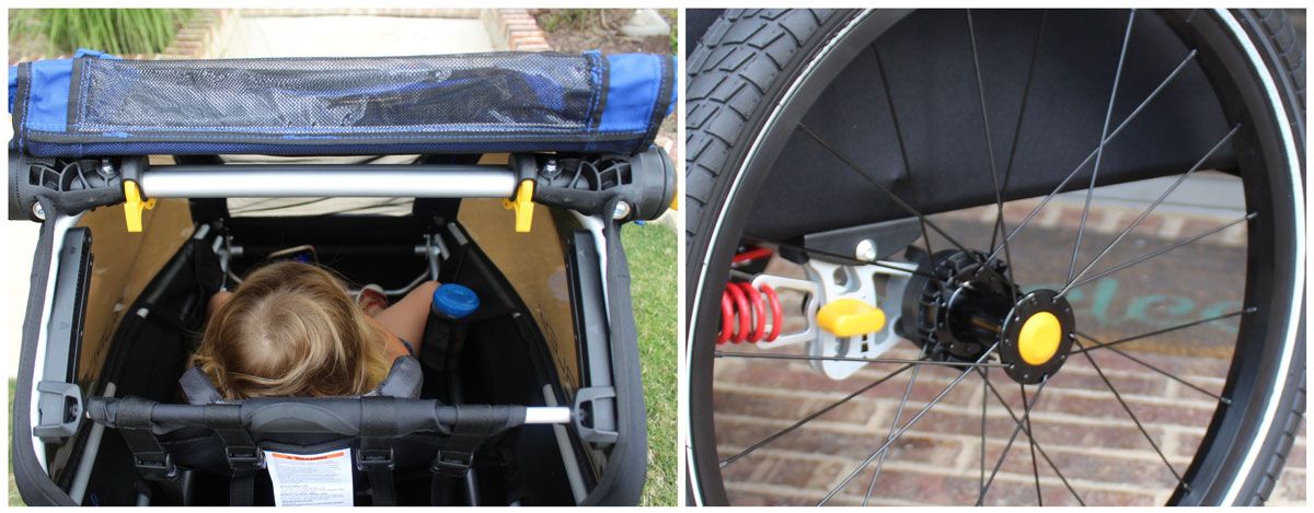 Yellow release latches to fold the Burley D'Lite kids bike trailer