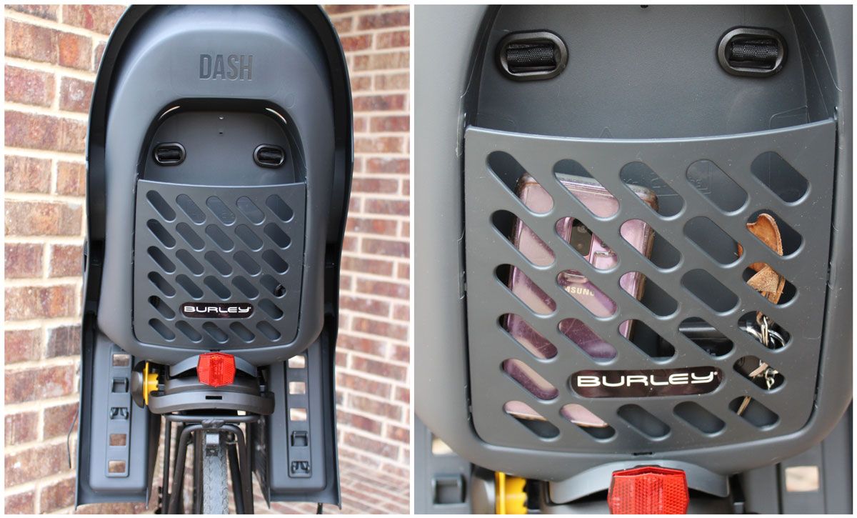 Burley Dash child bike seat rear pocket for storing phone and keys