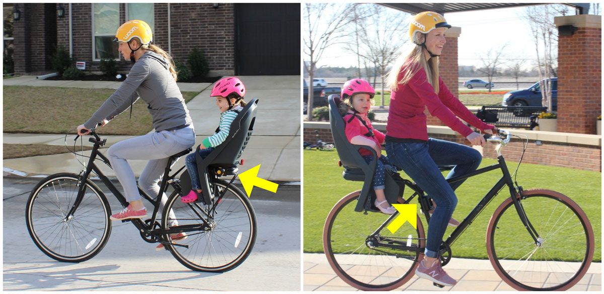 Side by side comparison of mom riding with toddlers in Burley Dash Child Bike seat - rack mounted and frame mounted.