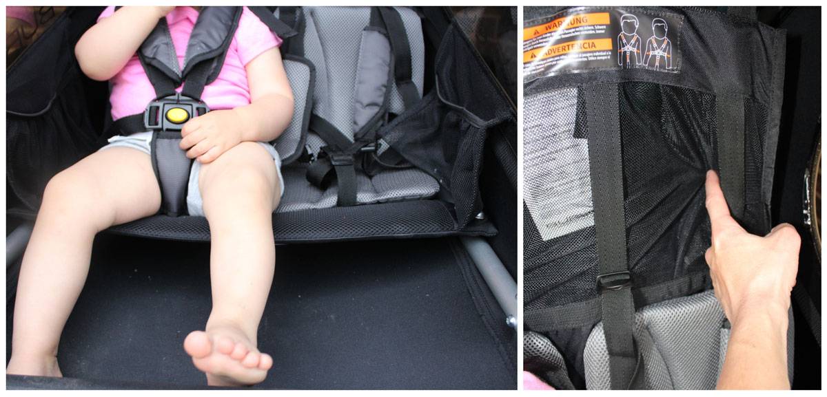 Bench seat of Burley Encore X bike trailer and mesh helmet recess pocket