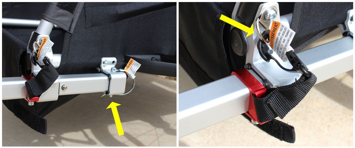 Burley Honey Bee bike trailer safety attachment pin on trailer arm