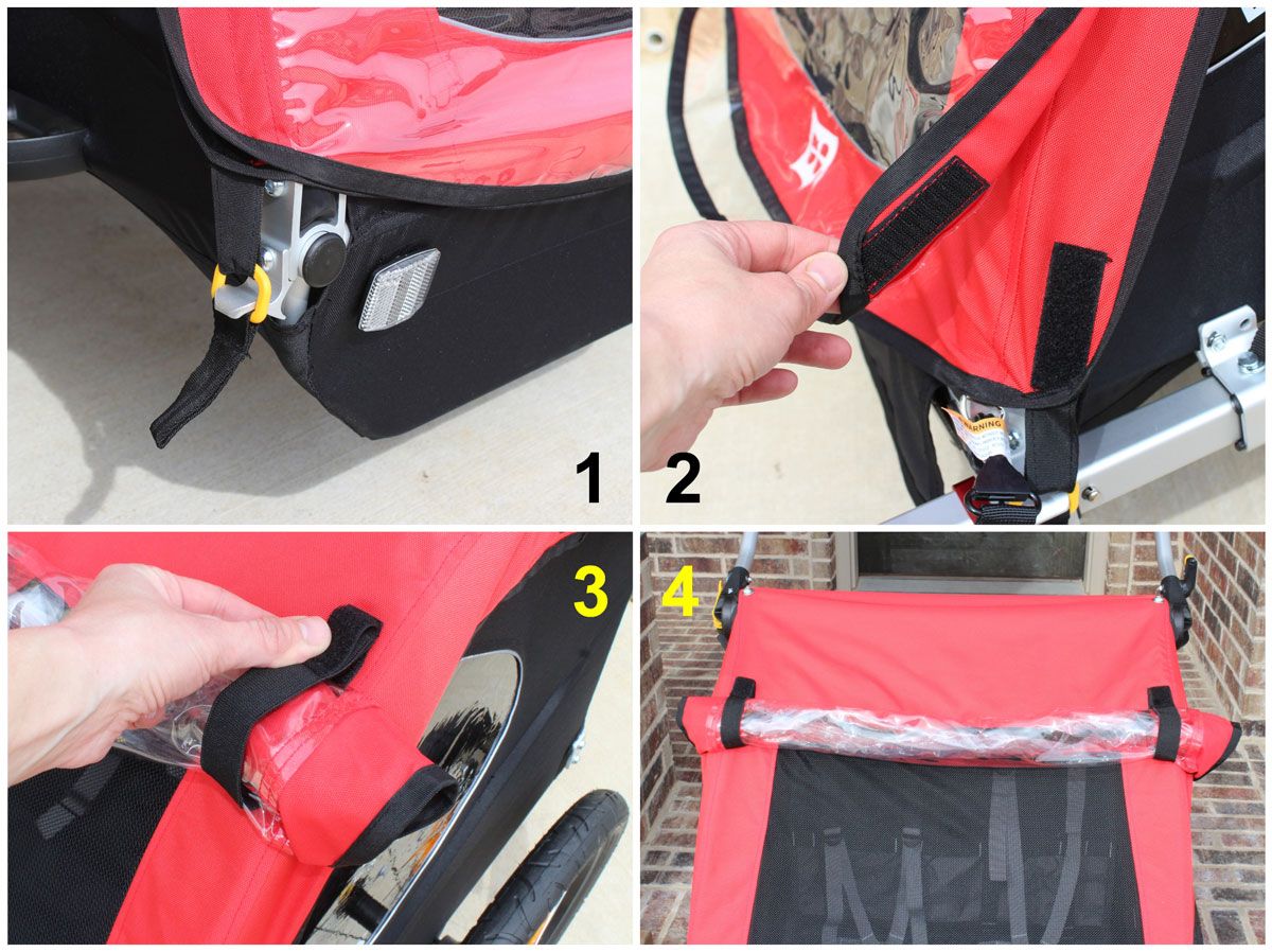 External covers on Burley Honey Bee bike trailer. Velcro and plastic tie downs for covers.