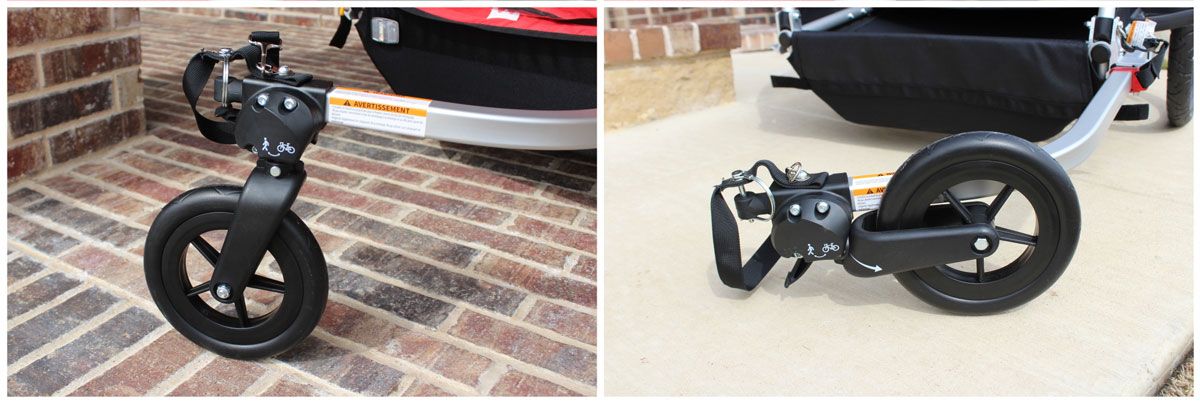 Single stroller wheel on Burley Honey Bee bike trailer. Extended for use, and folded up for storage.