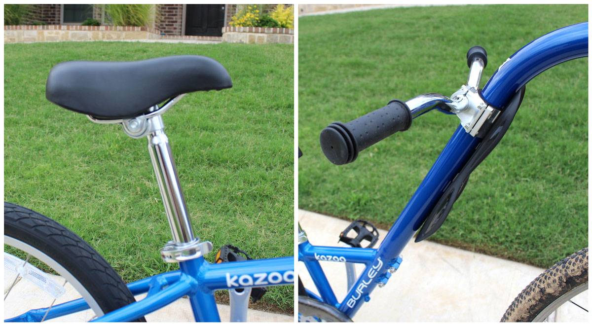 Height adjustable seat post and handlebars on Burley Kazoo trailer cycle
