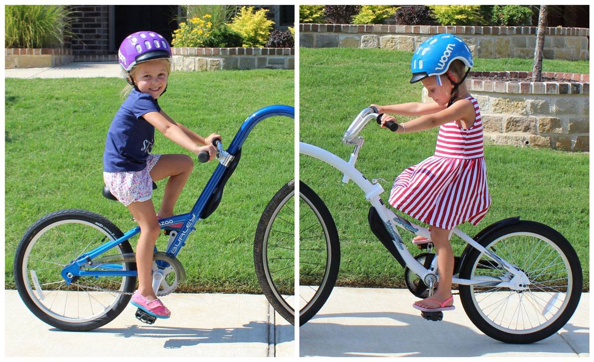 Side by side sizing comparison of 4 year old on Burley Kazoo and WeeRide Copilot. Shows how high the Co-Pilot's handlebars are.