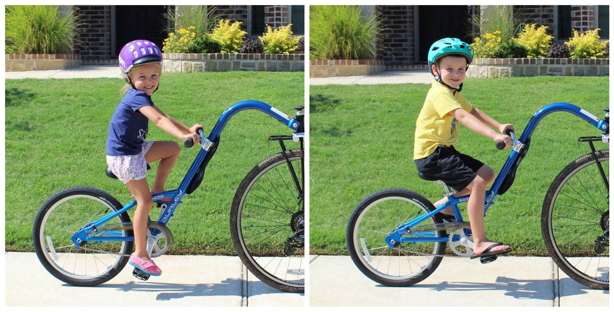 Side by side sizing comparison of 4 year old and 6 year old on Burley Kazoo trailer cycle with seat set at minimum height