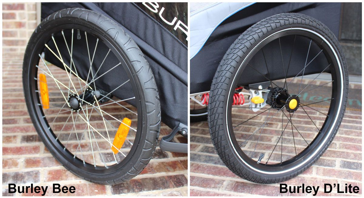 Side by side comparison of Burley Bee tire tread and the more aggressive treat of the Burley D'Lite