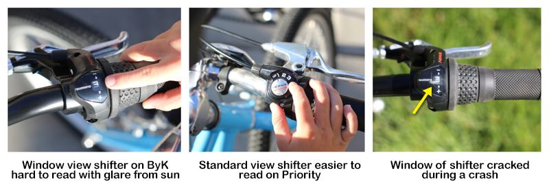 1) Window view shifter on ByK hard to read with glare from the sun. 2) Standard view shifter is easier to read on the Priority bike. 3) Window of shifter on ByK E-350x3i cracked during a crash.