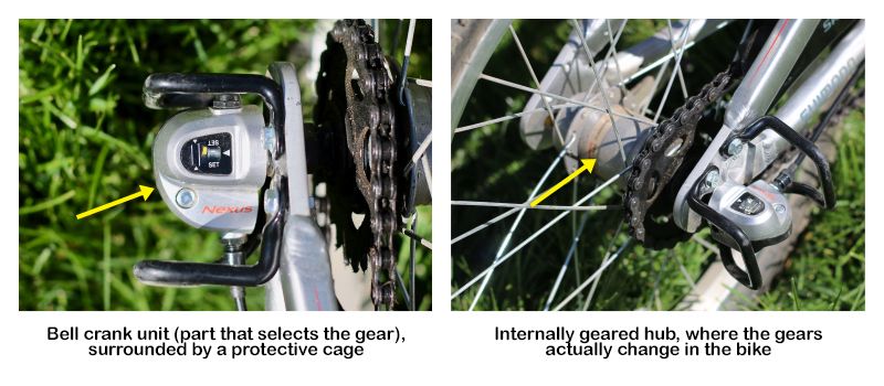 ByK E-350x3i's bell crank unit is the part that selects the gear and is surrounded by a protective cage. The internally geared hub is where the gears actually change in the ByK E-350x3i.