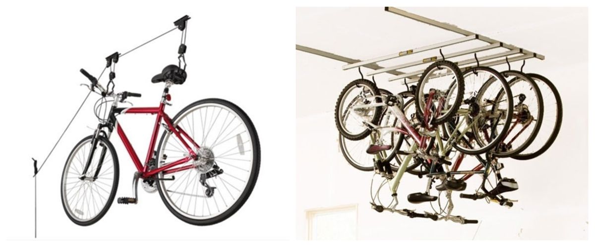Racor ceiling bike hoist and Saris Cycle glide - two examples of ceiling bike storage