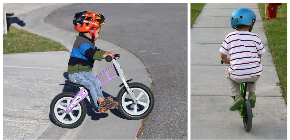 1) Child gliding with feet out on a balance bike without a footrest, 2) child gliding on a balance bike with feet tucked in on a footrest
