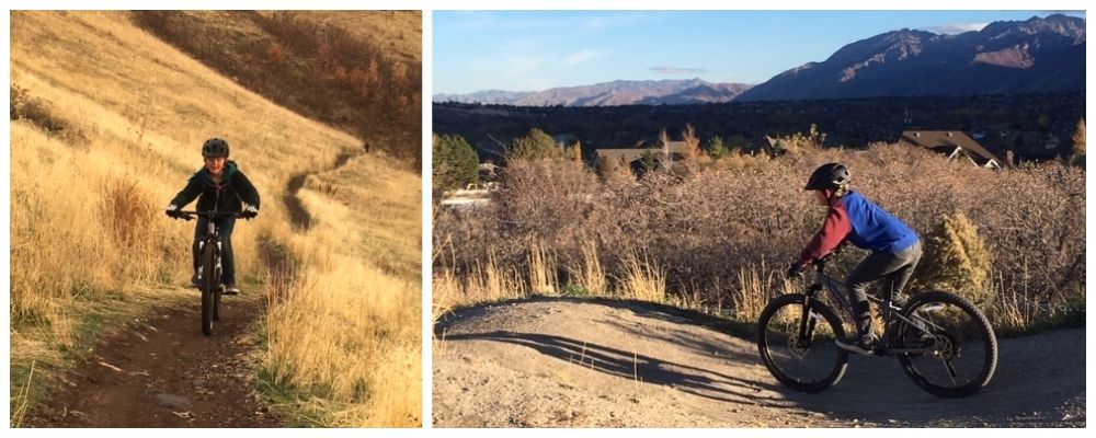10-year-old rider riding Cleary Scout 26" down flat hill trail.