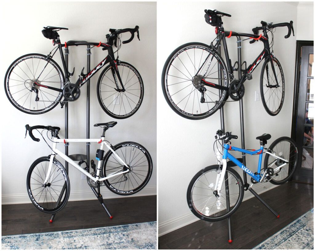 Delta Cycle freestanding bike rack in a home office, holding two bikes