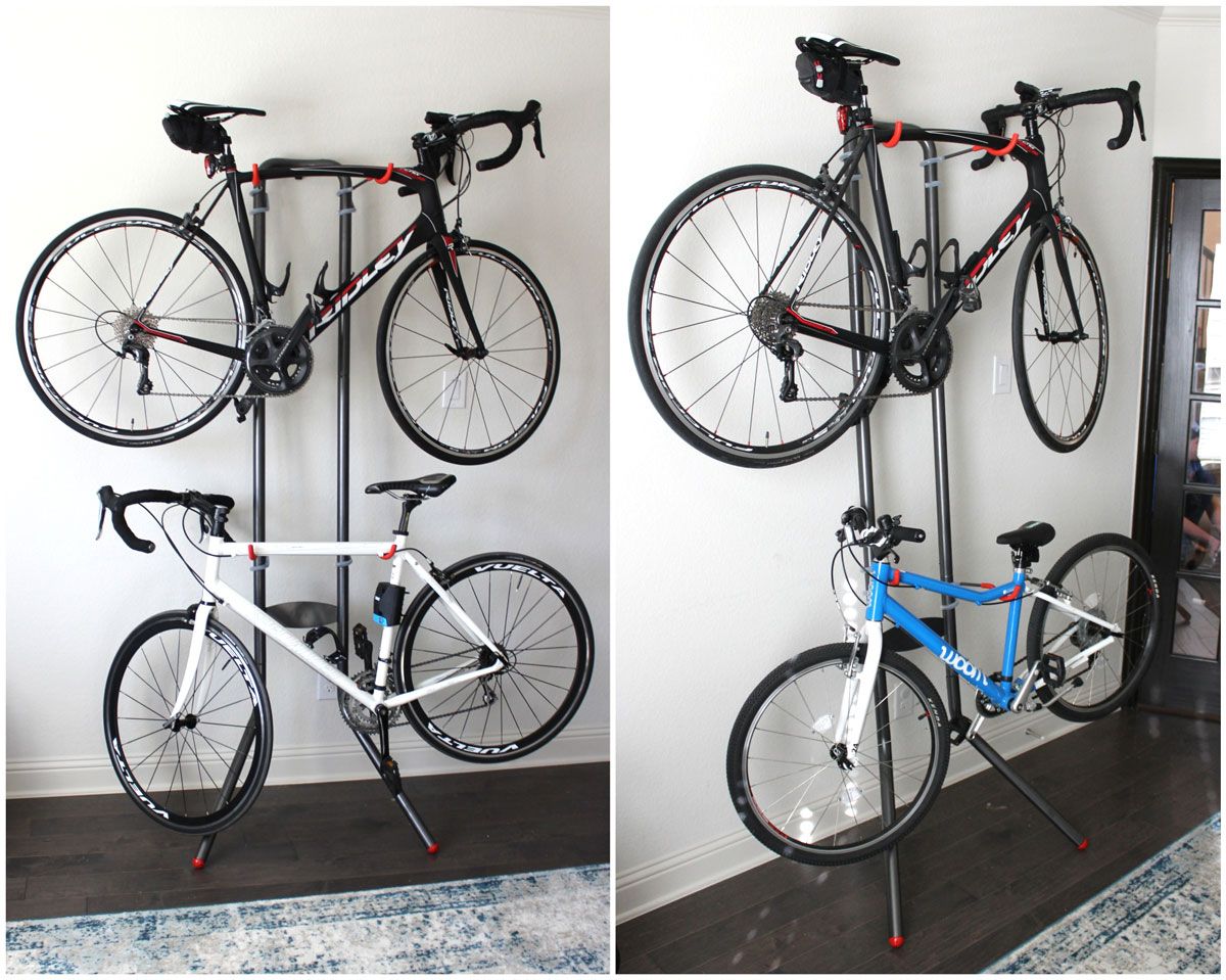 Delta Cycle Two Bike Horizontal Bike Storage Rack - on left, two adult bikes. On right, one adult bike and one youth bike