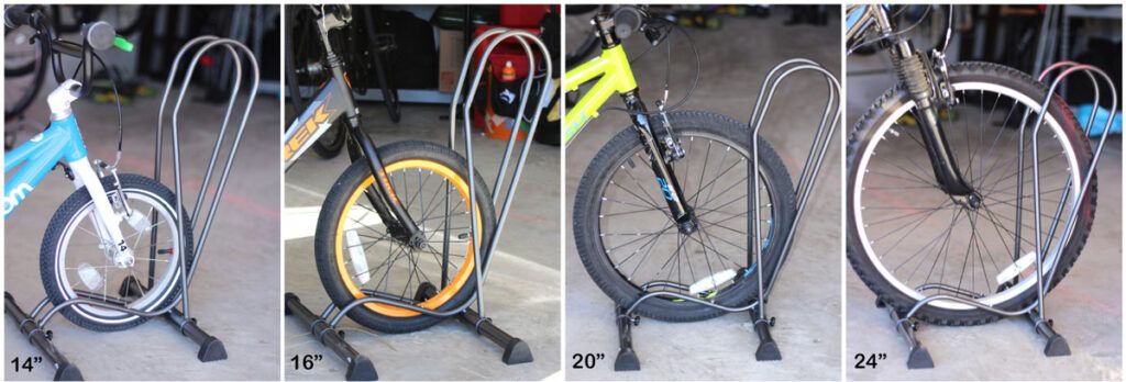 Side by side images of the Delta Cycle Shop garage bike stand in the garage. Each with different sized kids bikes 