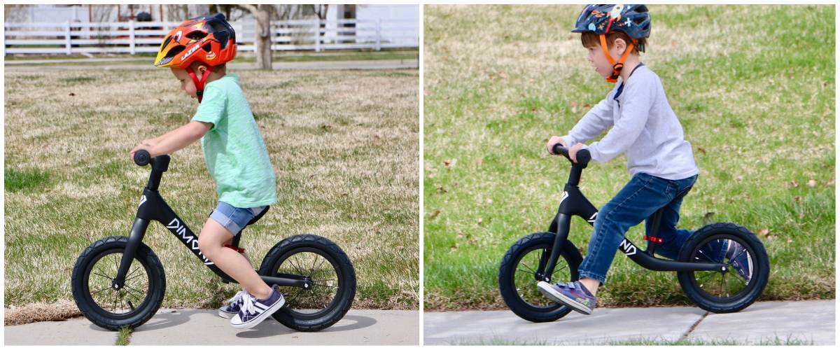 3 and 4-year-old riding Dimond Miner balance bike down sidewalk