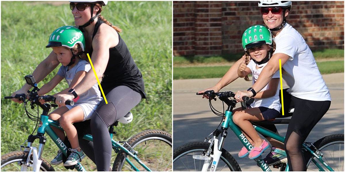 Collage showing child with aggressive posture on Do Little Child bike seat versus upright posture on Tyke Toter child bike seat