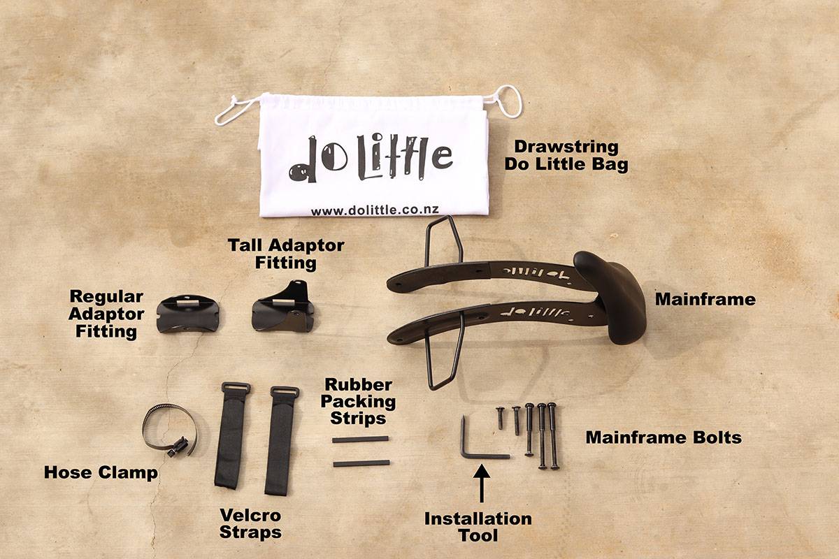 All the parts necessary for installing Do Little child bike seat on a bike